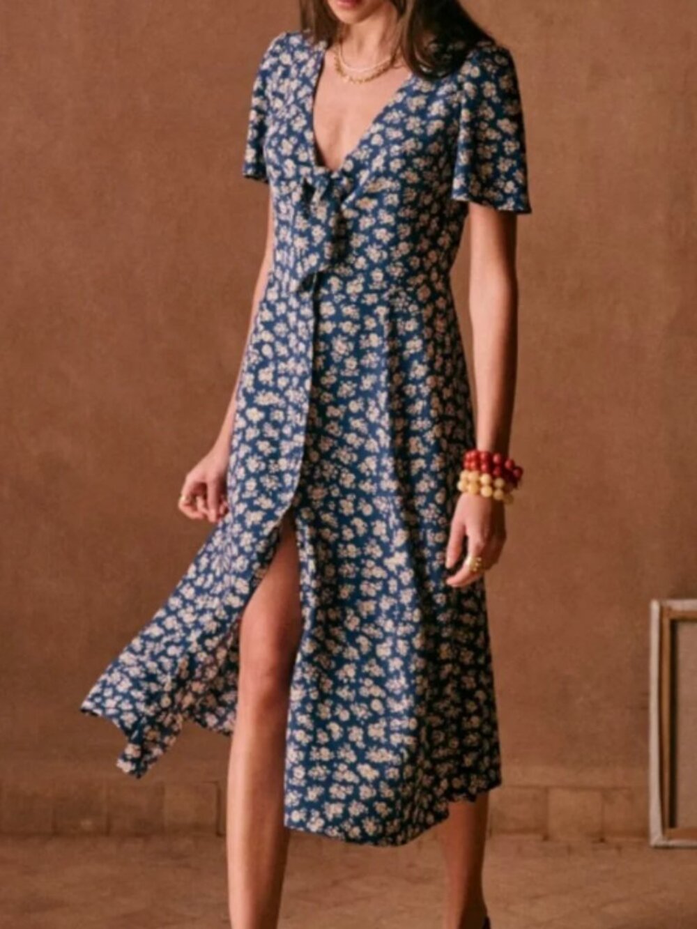Sezane Ophelia Dress Navy and Cream Floral V-Neck Midi Dress